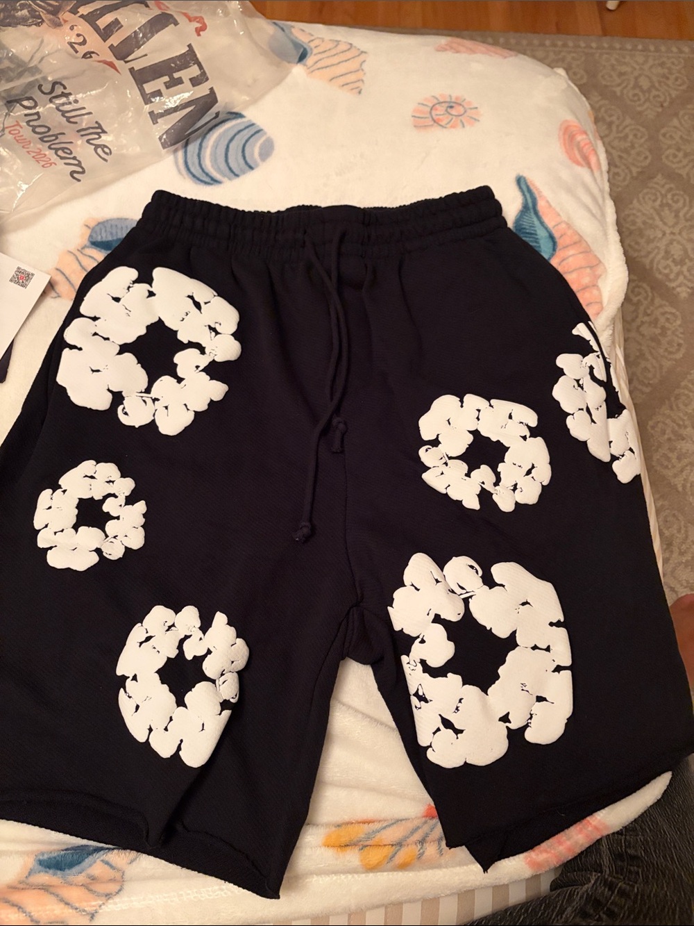 Men's Black Shorts with White Floral Graphic